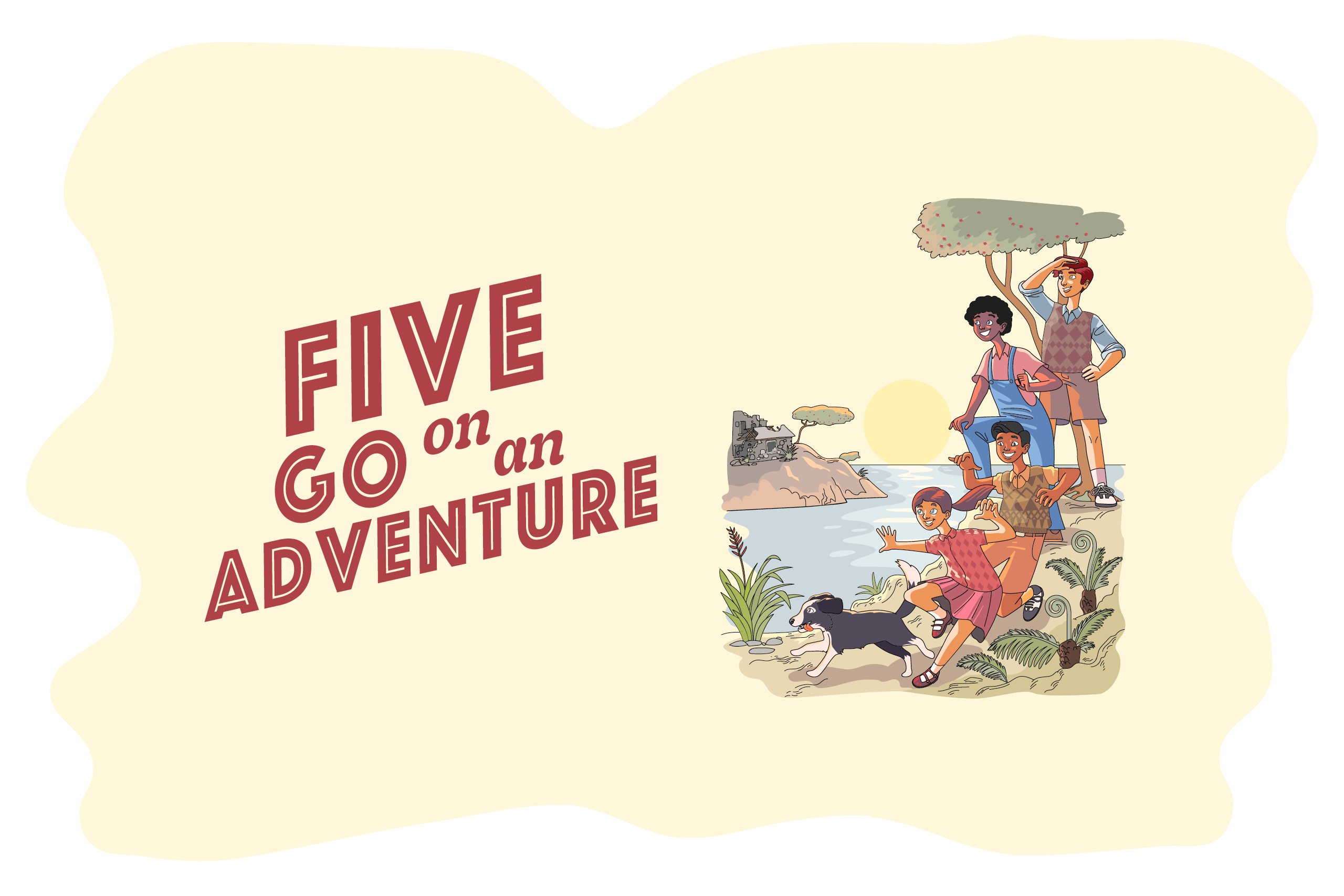 Illustration of five children and a dog standing on a beach with the title Five go on an adventure written on the left