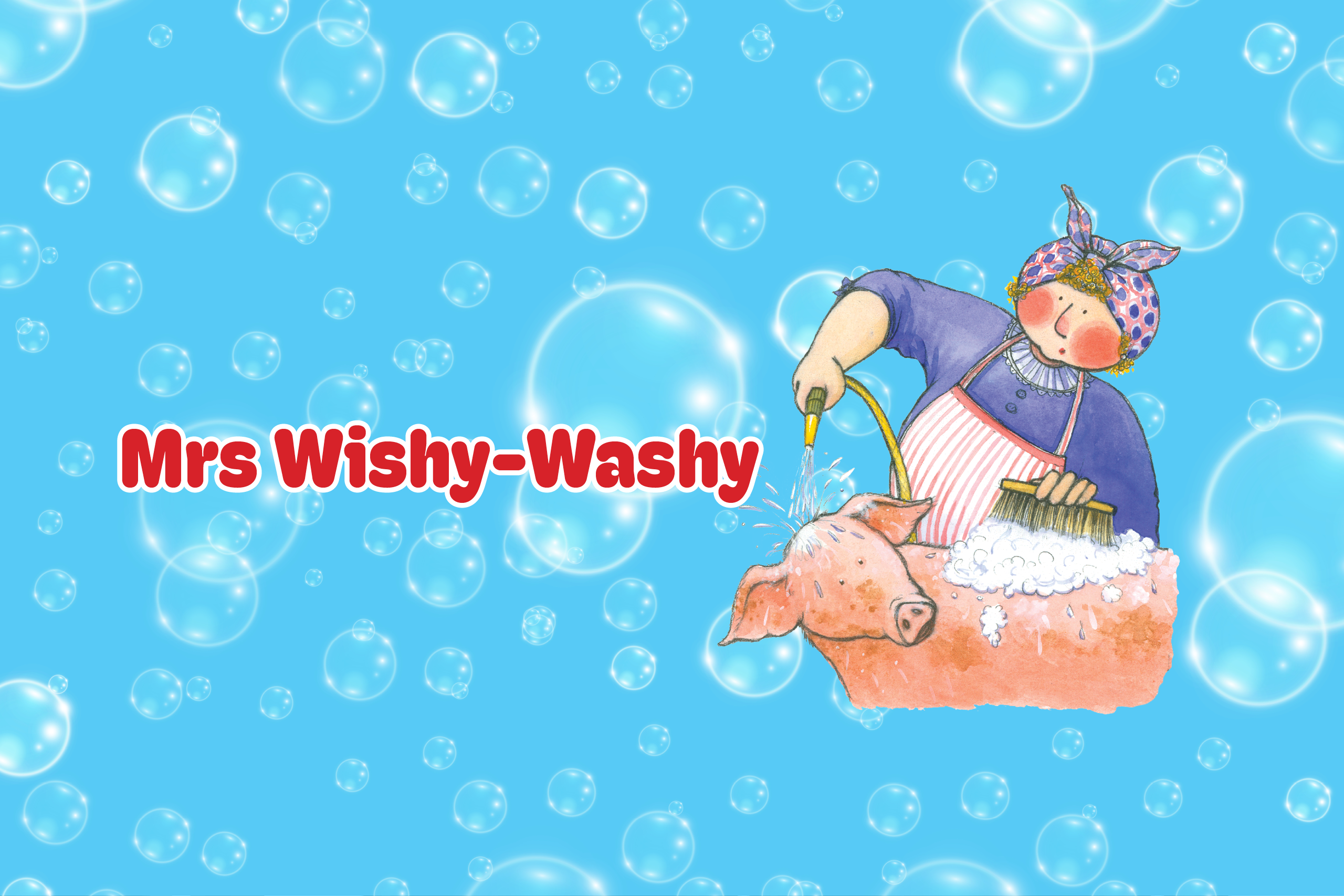 An illustration for the play Mrs Wishy Washy of a woman washing a pig.